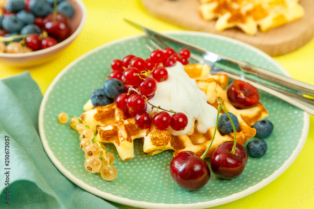 Breakfast with waffles, wipped cream, berries and granola Breakfast with waffles, wipped cream, berries and granola