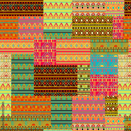 Seamless patchwork pattern with tribal geometric ornament. Ethnic design for fabric, print, wrapping paper, card, invitation, wallpaper. Vector illustration 