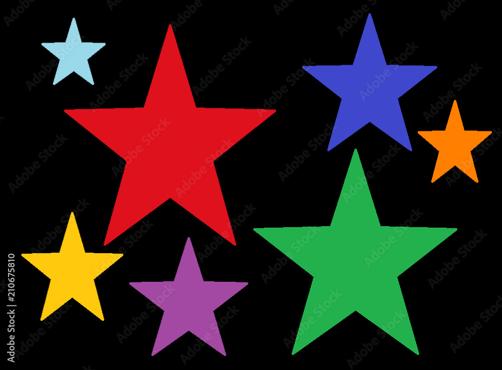 Seven multi-colored stars on a black background Seven multi-colored stars on a black background