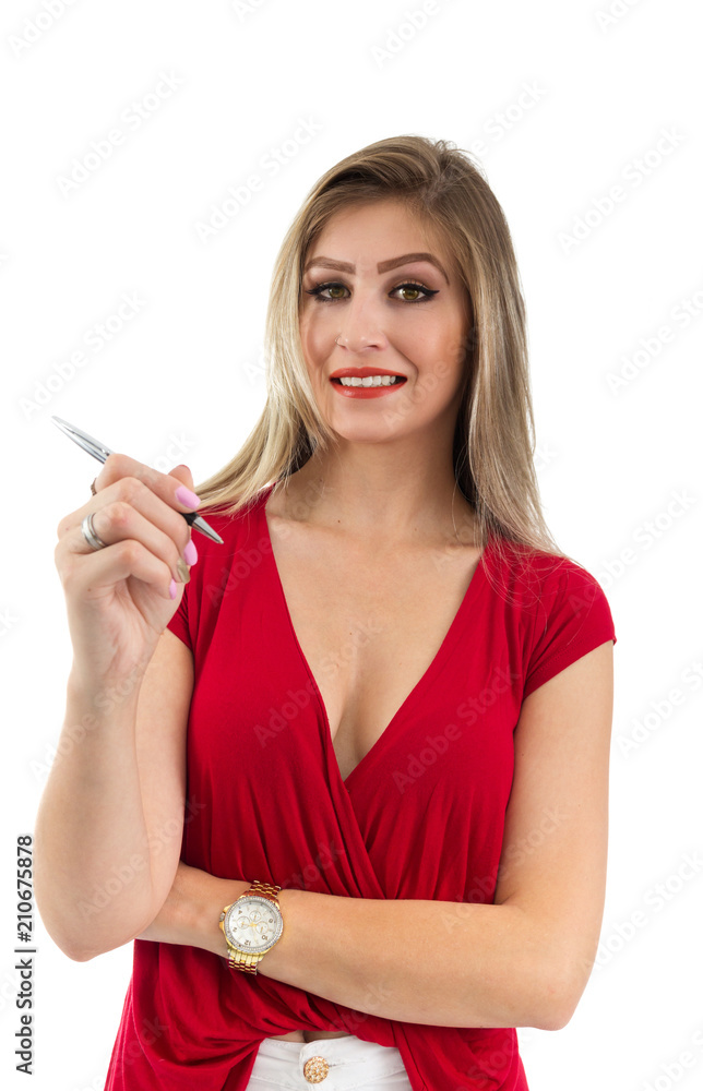Woman is smiling with a pen in hand. Blonde person and wearing red clothes. Isolated. Woman is smiling with a pen in hand. Blonde person and wearing red clothes. Isolated.