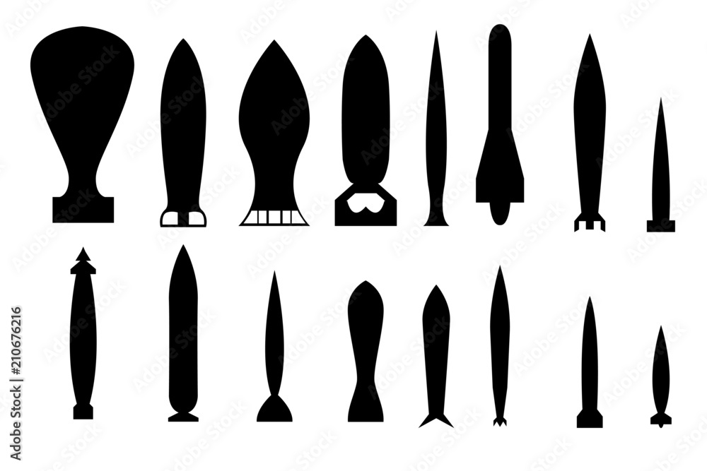 Set of the air bombs silhouettes. The objects are isolated against the white background and shown from two sides Set of the air bombs silhouettes. The objects are isolated against the white background and shown from two sides