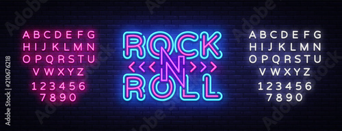 Rock and Roll logo in neon style. Rock Music neon night signboard, design template vector illustration for Rock Festival, Concert, Live music, Light banner. Vector. Editing text neon sign