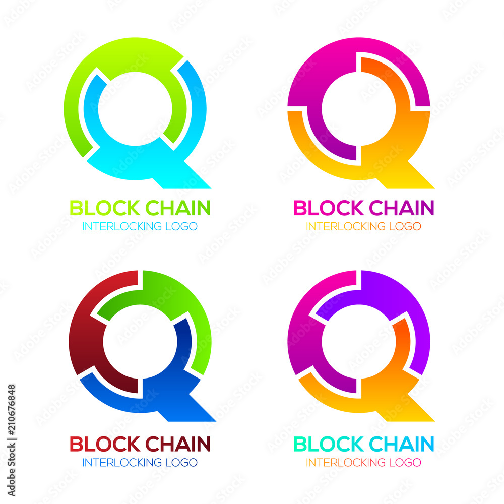 Letter Q logos Colorful shape with Blockchain Technology and Abstract Interlocking, Bitcoin Cryptocurrency data, Digital connect link network Concept