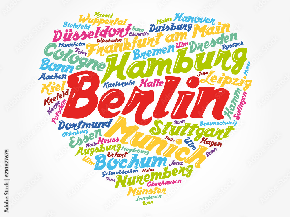 Plakat List of cities and towns in Germany composed in love sign heart shape, word cloud collage, business and travel concept background