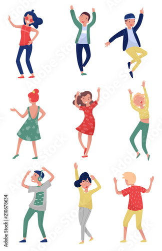 Flat vector set of young people in dancing action. Students having fun at party. Girls and guys in stylish outfit. Active lifestyle