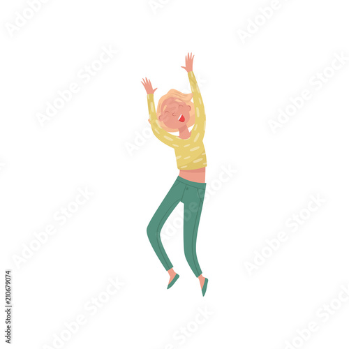 Teen girl dancing with hands up. Young female student having fun at party. Active lifestyle. Flat vector illustration