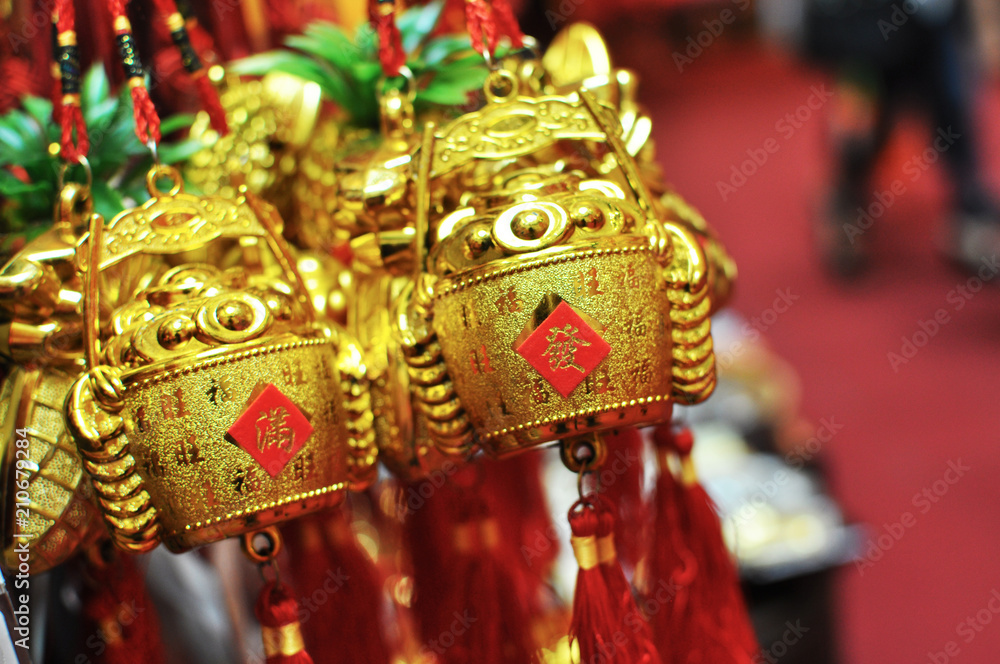 Golden buckets ornaments for Chinese new year, chinese character translation : prosperity