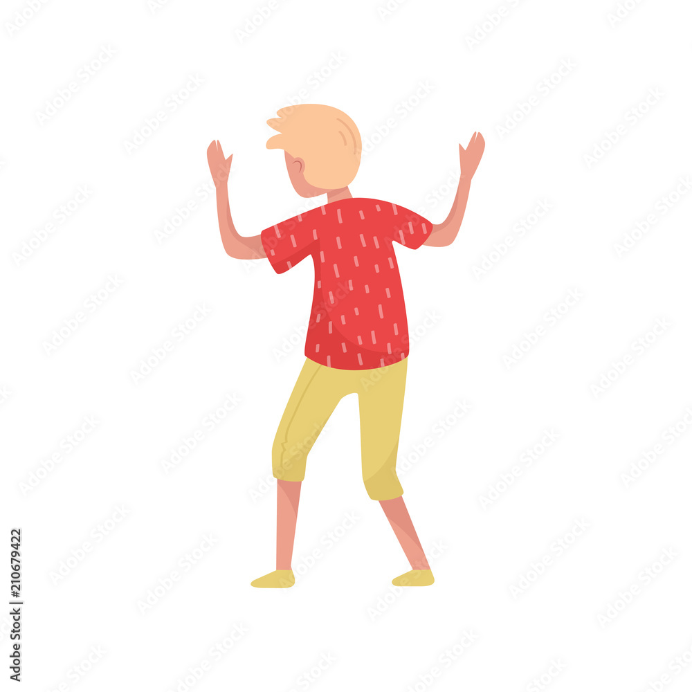Blond teenager boy in dancing action, back view. Young guy student having fun at party. Flat vector illustration Blond teenager boy in dancing action, back view. Young guy student having fun at party. Flat vector illustration