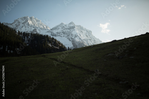 Dark meadow and snow Himalaya mountains