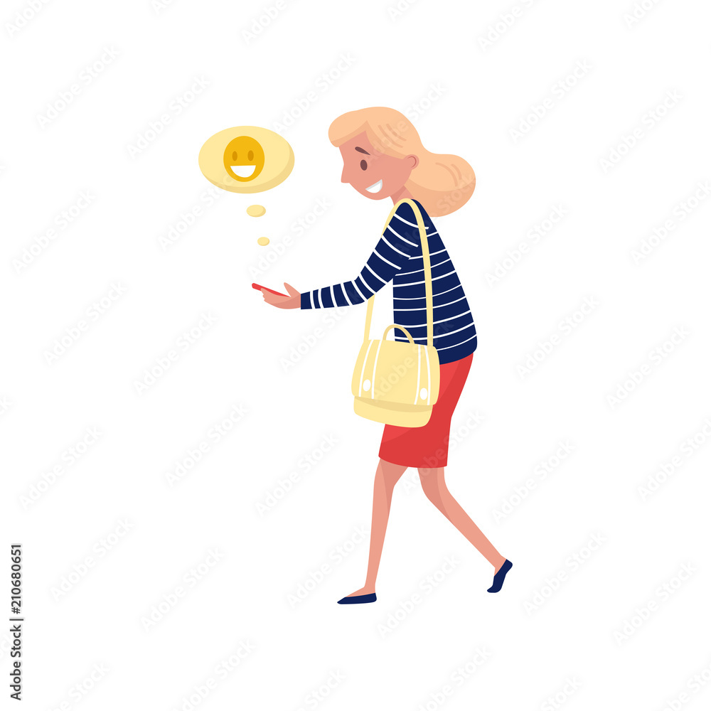 Young smiling woman walking and sending laughing emoji. Social network and communication theme. Flat vector design Young smiling woman walking and sending laughing emoji. Social network and communication theme. Flat vector design