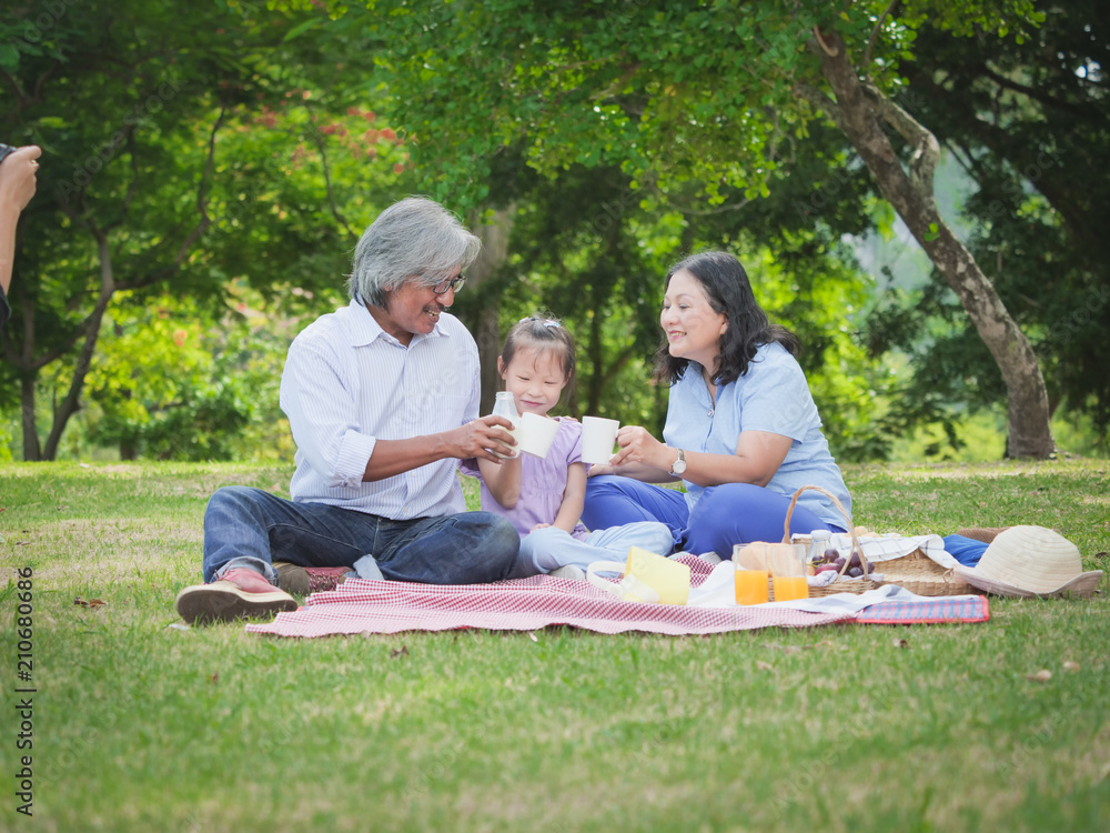 Grandparents spend the time in holiday with grandchildren at nature park.Happy family concept. Grandparents spend the time in holiday with grandchildren at nature park.Happy family concept.