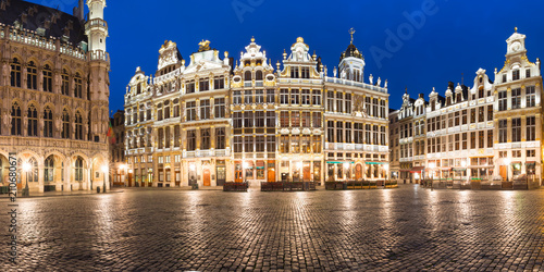 Panoramic view of beautiful houses of the Grand Place Square at night in Belgium, Brussels.