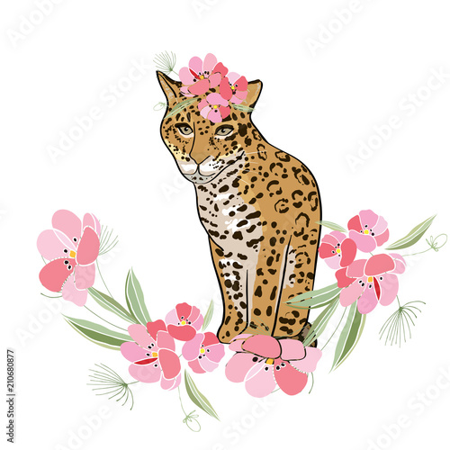Retro style Illustration with flowers and animal
