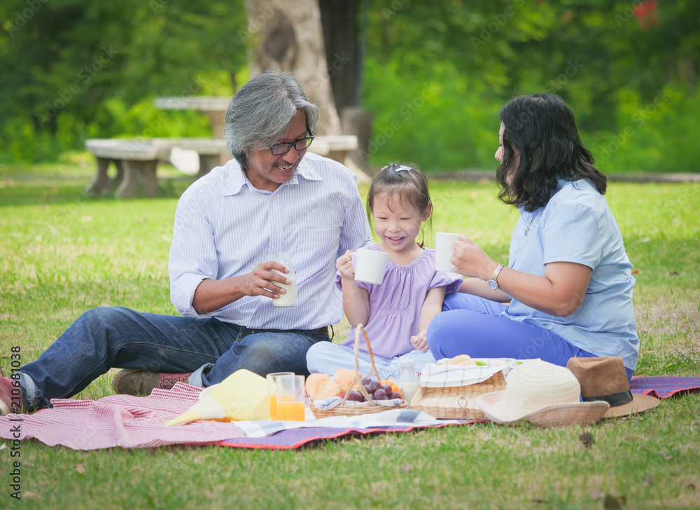Grandparents spend the time in holiday with grandchildren at nature park.Happy family concept. Grandparents spend the time in holiday with grandchildren at nature park.Happy family concept.