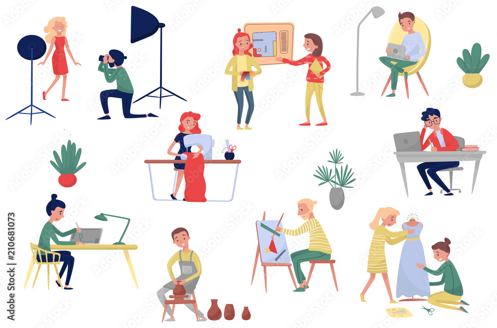 People of different artistic professions. Photographer and model, fashion and interior designers, freelancers and artists. Flat vector set