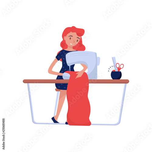 Professional seamstress sitting at table with sewing machine and sews clothes. Fashion designer. Job or hobby theme. Flat vector design