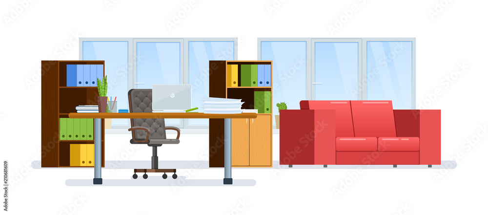 Modern interior office cabinet room. Equipped office work place.