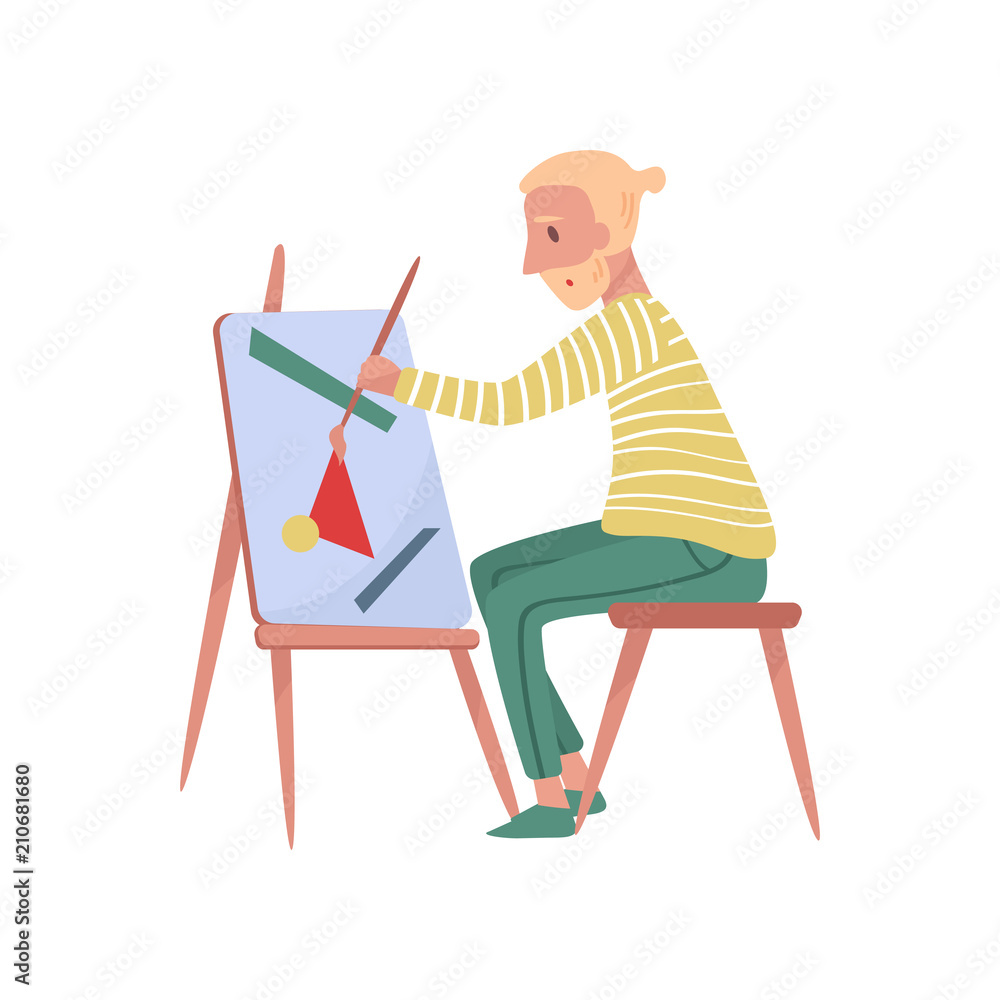Fototapeta premium Young bearded man sitting on chair painting on canvas. Professional painter. Talented artist. Flat vector illustration
