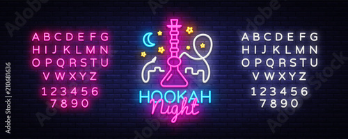 Hookah neon sign vector. Night Hookah Design Template, Light Banner, Night Bright Advertising, Bright Signboard, Design Element Hookah Emblem, Nightlife. Vector. Editing text neon sign
