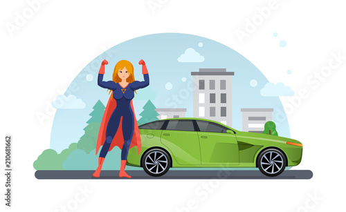 Woman superhero near road with car near. Drive by car.