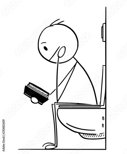 Cartoon stick drawing conceptual illustration of man or businessman reading book while sitting on toilet in bathroom.