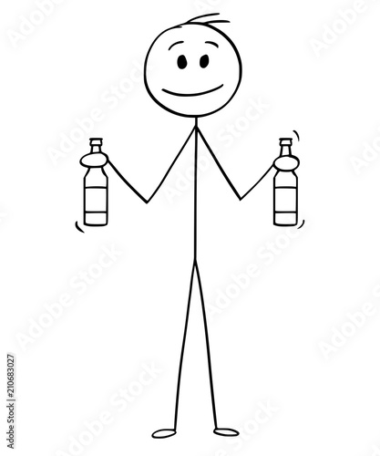 Cartoon stick drawing conceptual illustration of man going on party and holding two bottles of beer.