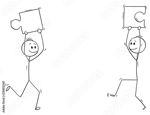 Cartoon stick drawing conceptual illustration of two men or businessmen holding jigsaw puzzle pieces matching together. Business concept of teamwork, problem and solution.