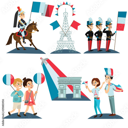 children boy and girl on national holiday france, kids with balloons in hand walking down street against background of eiffel tower, Horse Guards on Bastille Day vector illustration