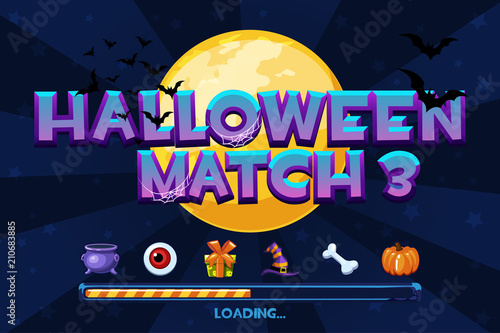 Halloween match3 on background. Set icons and loading game, GUI Graphic Assets