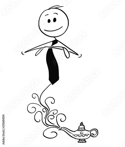 Cartoon stick drawing conceptual illustration of genie businessman appearing from Aladdin lamp to help or assist with problem. Business concept of outsourced magic solution.