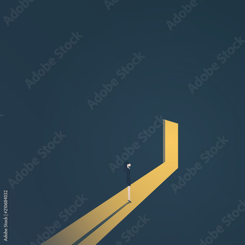 Business finding solution vector concept with businesswoman standing in dark, light coming out of the door. Symbol of hope, light at the end of the tunnel