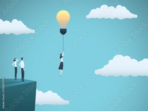 Creative idea in business vector concept with businesswoman flying off with ligthbulb. Symbol of creativity, inspiration, imagination, innovation.