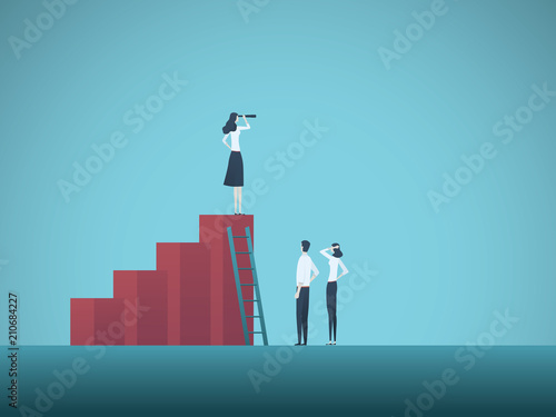 Business teamwork and strategy vector concept. Businesswoman standing on chart. Symbol of growth, teamwork, leadership, management.
