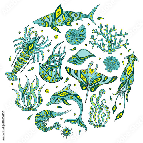 A set of hand-drawn marine animals. The underwater world of doodle. Inhabitants of the sea depths. Marine life sketch.