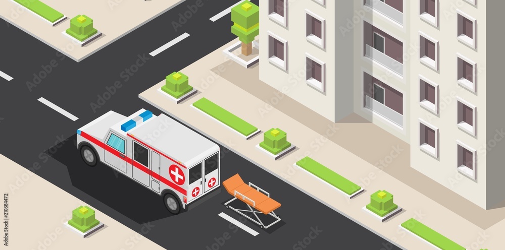Isometric low poly accident crosswalk with city er vector illustration infographic
