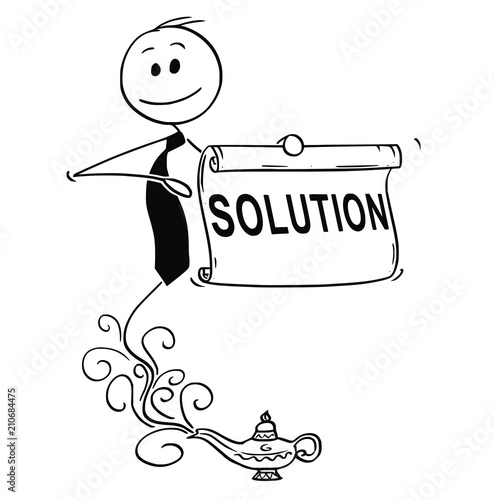 Cartoon stick drawing conceptual illustration of genie businessman appearing from Aladdin lamp to offer problem solution. Business concept of outsourced assistance.