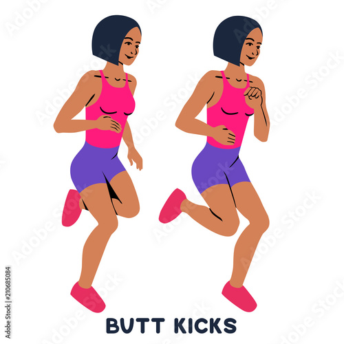 Butt kicks. Sport exersice. Silhouettes of woman doing exercise. Workout, training.