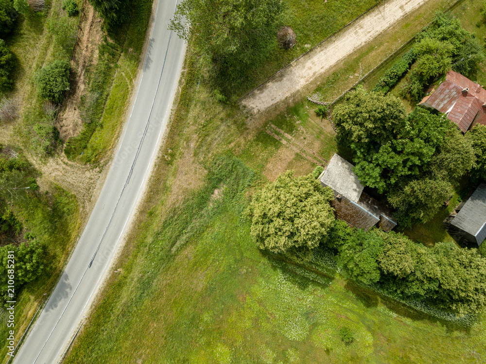 drone image. aerial view of rural area with fields and road network drone image. aerial view of rural area with fields and road network