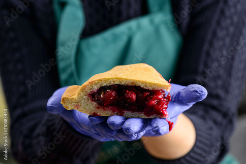 Piece of sweet delicious cranberry cake in woman hands, selectiv photo