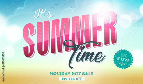 Summer Time Template Banner/
Illustration of a summer sale template banner with colorful elements, sand and sky background