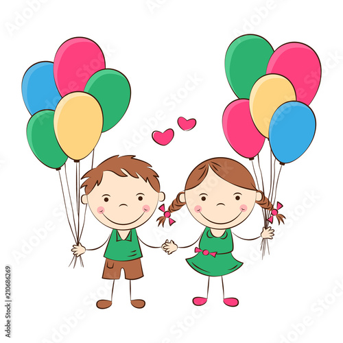 Funny doodle kids with colored balloons. Happy cartoon boy and girl hold hands. Holidays  vacations  weekends. Vector illustration