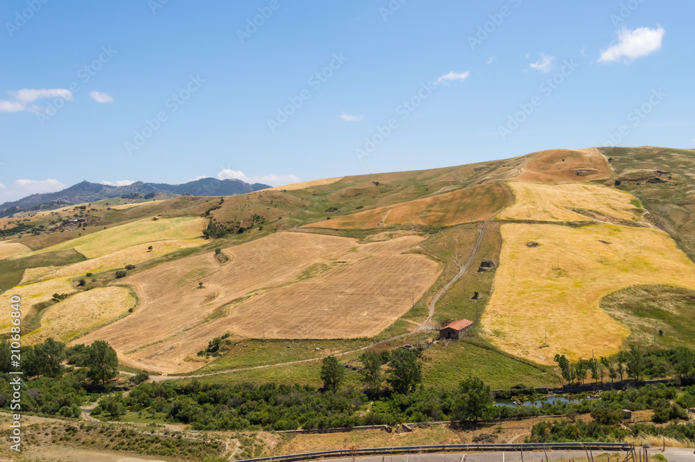 View of the countryside, fields and hills