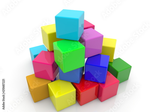 Randomly stacked cubes in various colors