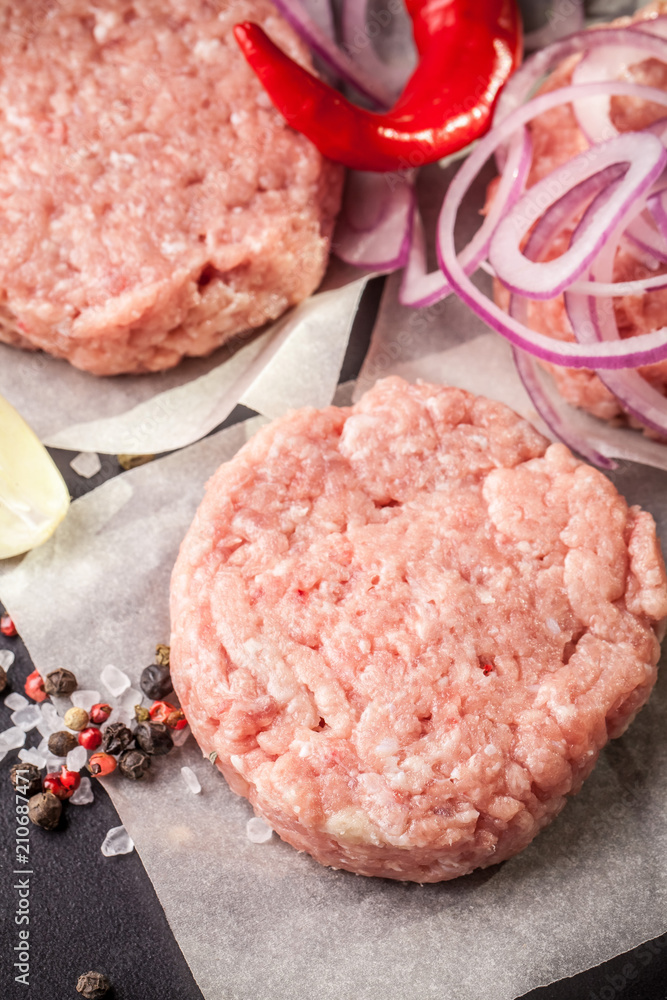 Cutlets from raw minced pork, lamb, veal or beef on parchment. Nearby spices and vegetables. On a black and wooden background. Copy space Cutlets from raw minced pork, lamb, veal or beef on parchment. Nearby spices and vegetables. On a black and wooden background. Copy space