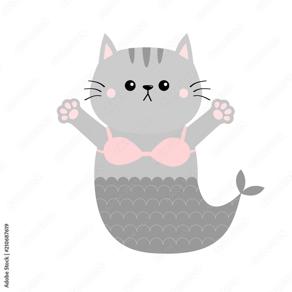 Cat mermaid fish tail Swimsuit brassiere top bra. Kitten hugging. Open hand  pink paw print. Kitty reaching for a hug. Funny Kawaii baby pet animal.  Cute cartoon character. Flat White background. Stock