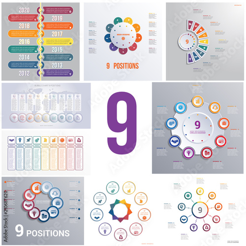 Set 9 universal templates elements Infographics conceptual cyclic processes for 9 positions possible to use for workflow, banner, diagram, web design, timeline, area chart,number options.
