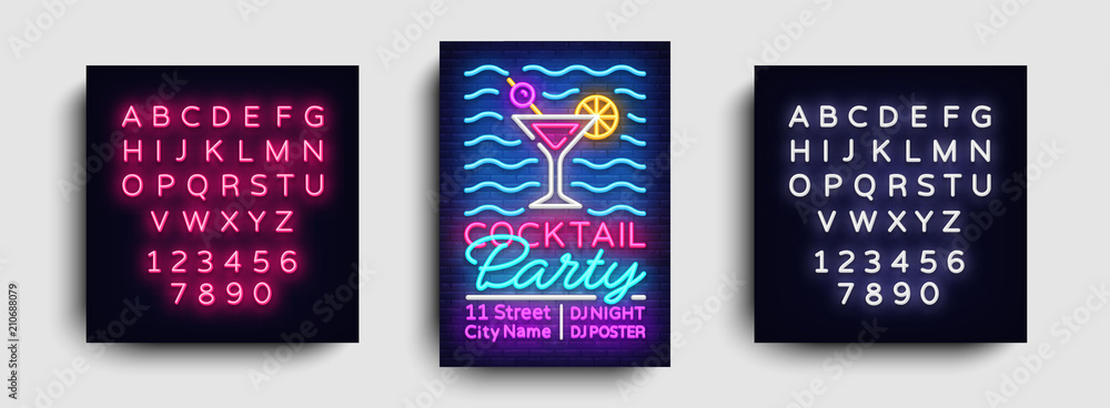 Cocktail party poster neon vector. Summer party design template, bright neon brochure, modern trend design, light banner, typography invitation to the party, postcard. Vector. Editing text neon sign