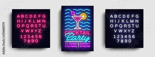 Cocktail party poster neon vector. Summer party design template, bright neon brochure, modern trend design, light banner, typography invitation to the party, postcard. Vector. Editing text neon sign
