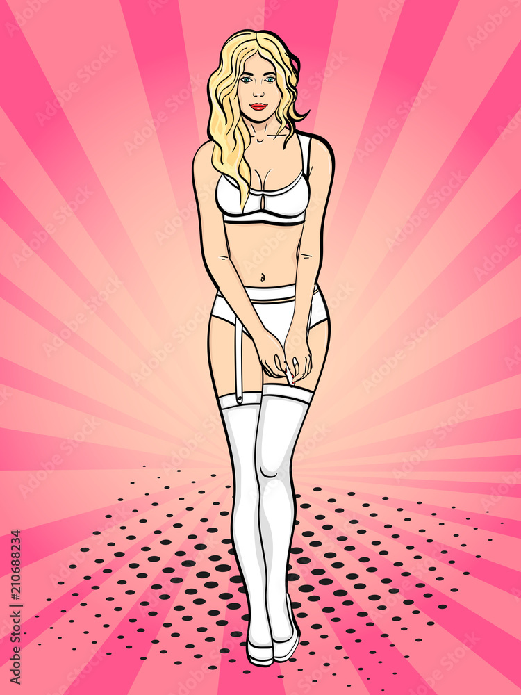 Pop art background, pink sun rays. Attractive young slim woman dressed in  underwear, pulls up. Standing and pulling on her white stockings. Imitation  comic style Stock Vector | Adobe Stock