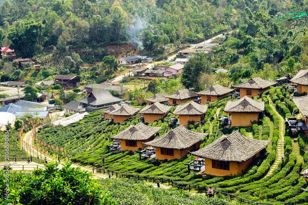 View of soil house resort in tea plantation at Lee Wine Ban Rak Thai
